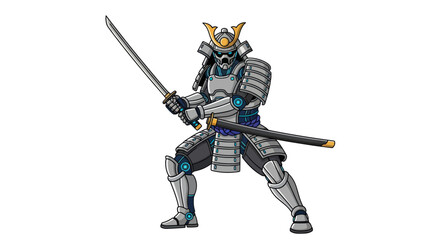 Powerful Japanese Samurai Warrior in Full Armor with Katana Sword.