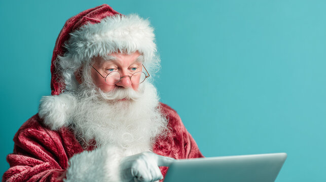 Humorous Image of Santa Claus on a laptop, shopping during seasonal Christmas sales. Festive scene shows browsing gifts, holiday deals online. Concept of xmas shopping, e-commerce, holiday discounts.