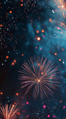 Fototapeta premium Colorful fireworks burst across a deep blue night sky, with sparkling bokeh lights and glowing sparks creating a festive, celebratory atmosphere.