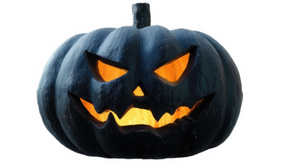 A spooky Halloween pumpkin with glowing orange eyes and a menacing grin, perfect for festive decorations and autumn celebrations.
