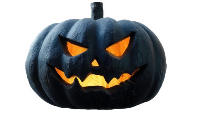 A spooky Halloween pumpkin with glowing orange eyes and a menacing grin, perfect for festive decorations and autumn celebrations.

