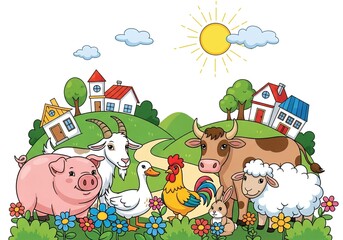 Farm Animals in a Sunny Field A Cheerful Cartoon Illustration for Children's Content