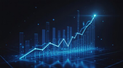Futuristic digital data visualization with growing blue line graph and abstract bars