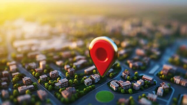 Red location pin hovering over miniature city map during sunset