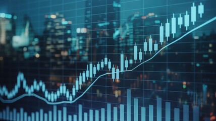 Digital financial chart visualization of stock market growth with city skyline overlay
