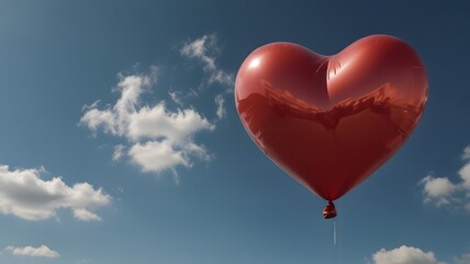 Fototapeta premium A bright red heart-shaped balloon floating in a clear blue sky with fluffy white clouds, symbolizing love and romance. Valentine's Day concept
