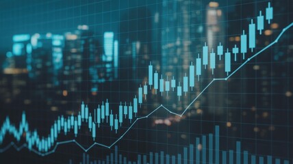 Digital financial chart visualization with city skyline background for investment and trading