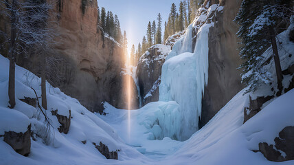 Sunbeam pierces snow covered canyon illuminating frozen waterfall and ice formations winter