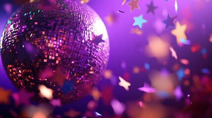 Disco ball sparkles amidst falling confetti and stars, creating a vibrant celebratory atmosphere.
