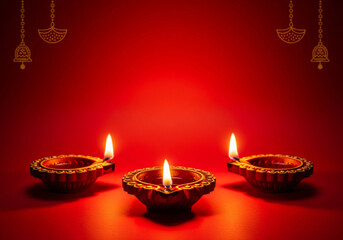 Three Diwali Diya in the red background. Celebrations Deepavali festival of lights.