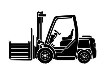 Black silhouette of forklift with cargo without background.