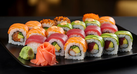 Assorted Sushi Rolls with Salmon Tuna and Avocado on Black Tray Featuring Pickled Ginger Wasabi and Warm Lighting in Dark Background