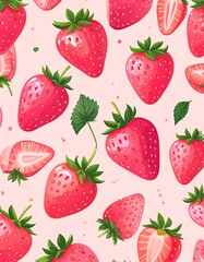 Vibrant strawberry pattern on a pale pink background