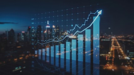 Futuristic digital financial chart visualization showing upward growth and success in modern cityscape