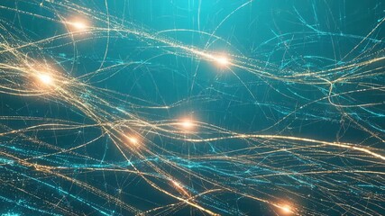 A dark void where glowing golden cyan lines interconnected neural pathways waves. Thousands of particle sparks pulse connections like synapses firing, living data wave 4k video - Powered by Adobe