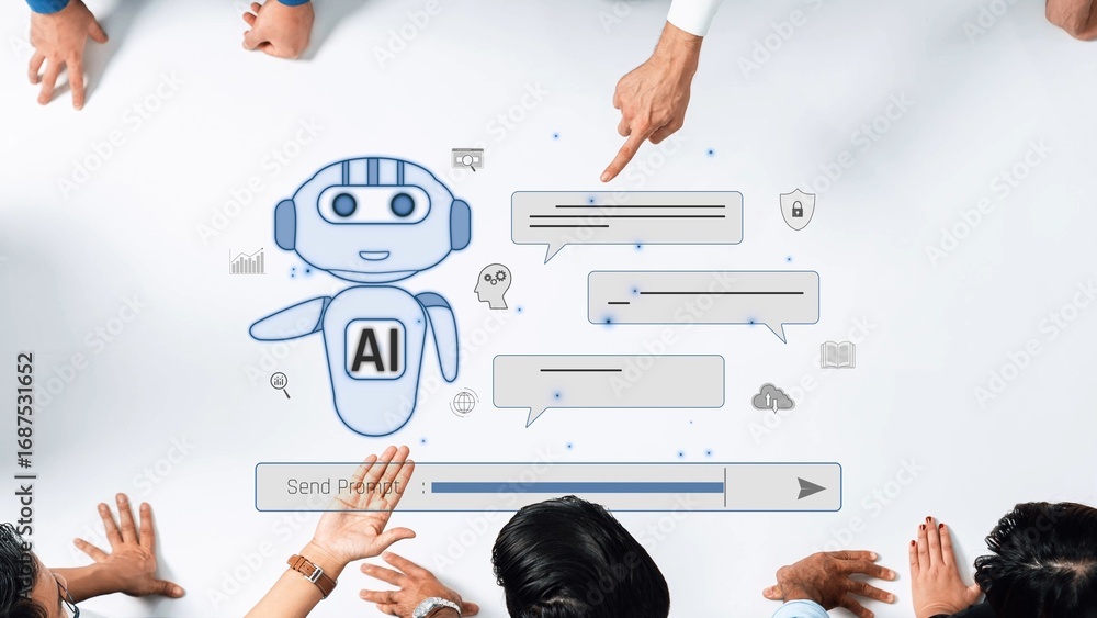 Poster a conceptual image depicting diverse hands engaging with an ai chatbot on a digital interface, prese