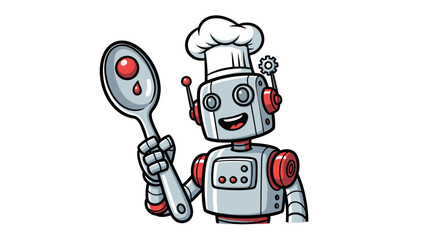 Cartoon Robot Chef Holding Spoon with Red Droplet.
