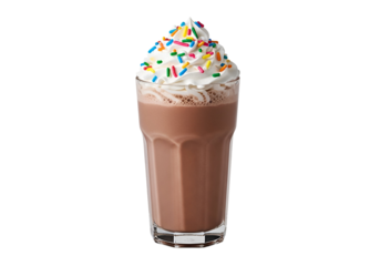 A tall glass of chocolate milkshake topped with whipped cream and colorful sprinkles, presented on a black background.