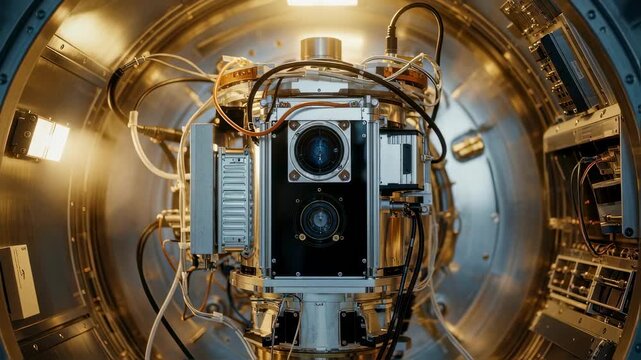 Technical shot of a weather satellite sensor undergoing vacuum and thermal cycling within a specialized test chamber.