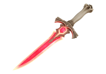 A stylized, glowing red dagger with ornate details, set against a stark black background.