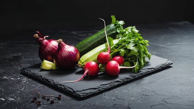 Frisches Gem&uuml;searrangement auf schwarzem Schieferbrett