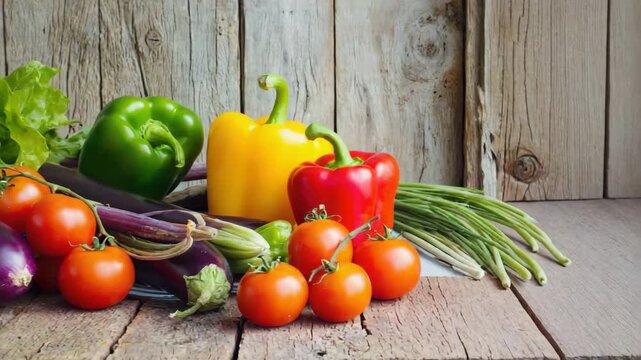 Frisches Sommergem&uuml;se auf rustikalem Holztisch