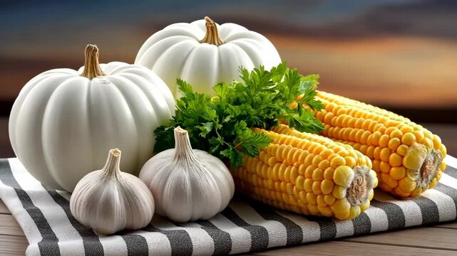 Fresh harvest of white pumpkins, garlic, and sweet corn arranged on striped cloth during sunset