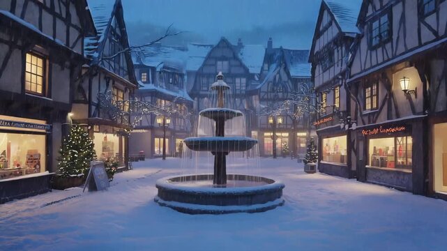 Winterlicher Marktplatz mit Brunnen und Fachwerkh&auml;usern