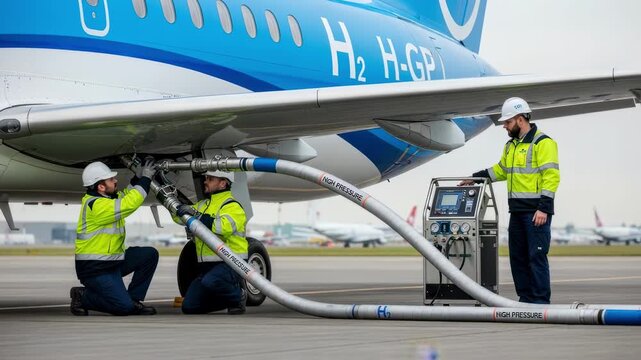 Side shot of technicians connecting highpressure hydrogen hoses to an aircraft demonstrating safe fueling operations of hydrogenpowered planes.