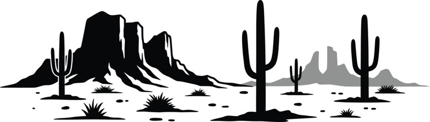 desert landscape with tall cacti and rocky formations