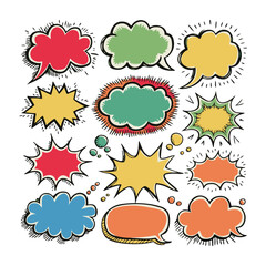 Hand drawn comic speech bubbles vector pack – colorful cartoon doodle dialog balloons with retro pop art style for creative design use