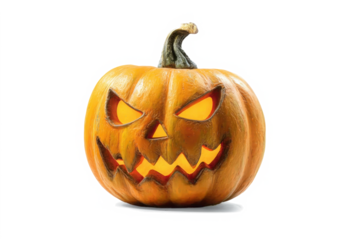 A carved halloween pumpkin with evil eyes and face isolated on white.
