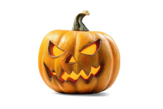 A carved halloween pumpkin with evil eyes and face isolated on white.
