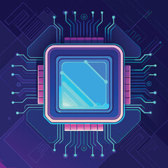 Futuristic circuit board illustration showcasing a central processing unit design with interconnected pathways of technology against a vibrant backdrop.
