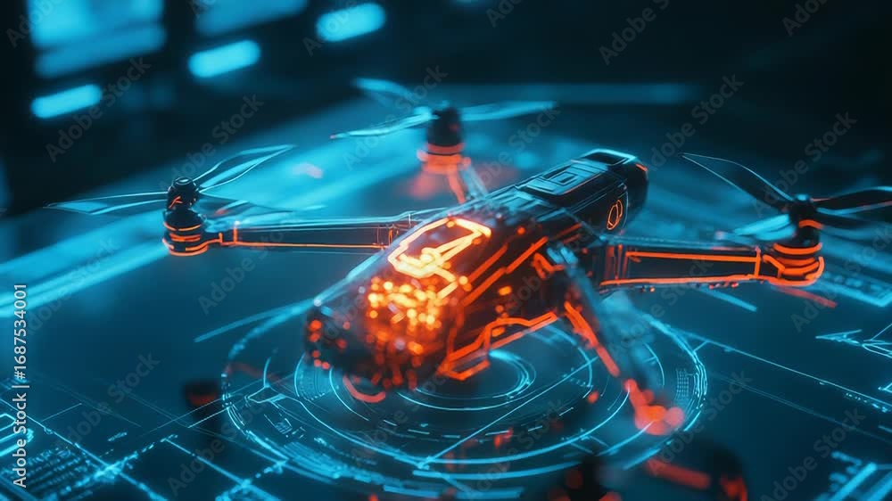 Poster Futuristic drone hovering over interactive display showing diagnostics
