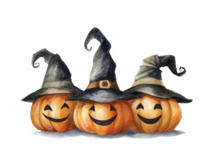 Cute halloween pumpkin watercolor style. Halloween pumpkins wearing witch hat, party elements set isolated on white background
