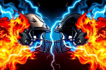 Two American football helmets collide in a dramatic face-off, symbolizing rivalry, competition, and championship intensity. Perfect sports illustration showcasing team spirit, strength, tradition.