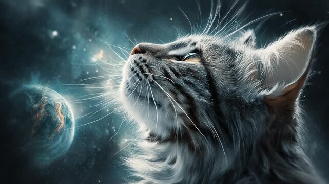 A majestic cat gazes upwards at the cosmos, with a celestial backdrop and a detailed fur texture.