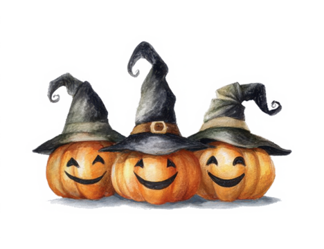 Cute halloween pumpkin watercolor style. Halloween pumpkins wearing witch hat, party elements set isolated on white background
 - Powered by Adobe