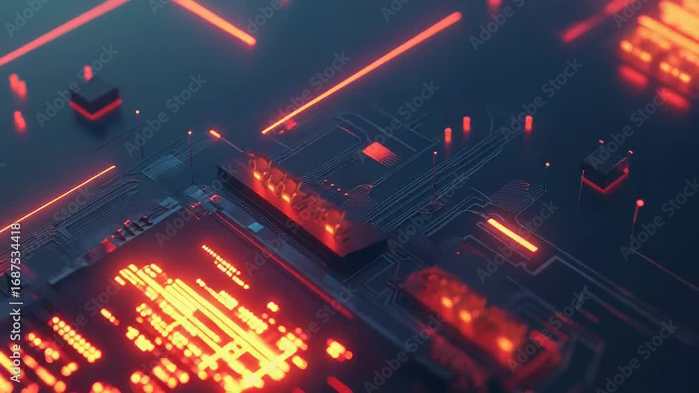 Aufkleber futuristic circuit board pulsating with red energy flows