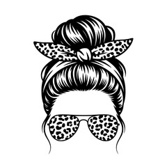 Stylish Messy Bun Graphic with Leopard Print Accents Chic and Trendy Black and White Design
