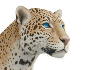 Closeup profile of a majestic jaguar with striking blue eyes, isolated on a clean transparent background, showcasing its spotted coat and powerful features