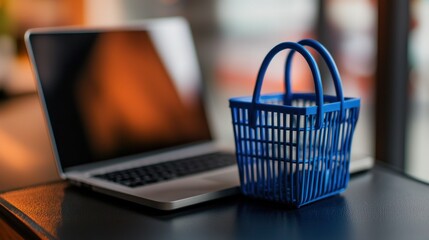 Blue shopping basket beside laptop, symbolizing online shopping convenience.