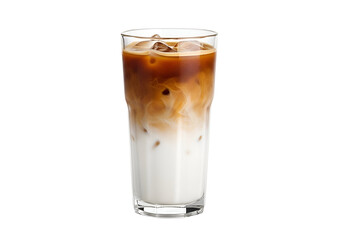 A refreshing iced coffee drink layered beautifully in a glass, displaying a vibrant contrast of rich brown and creamy white.