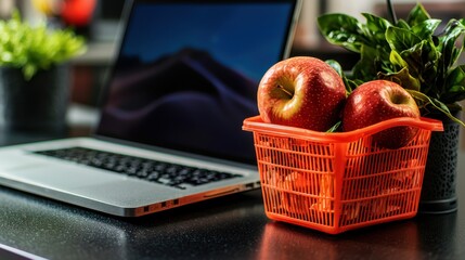 Red apples in a small orange basket sit beside a laptop on a dark desk, suggesting a healthy work-life balance.