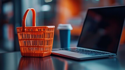 An orange shopping basket sits next to a laptop and a blue cup, suggesting online shopping.
