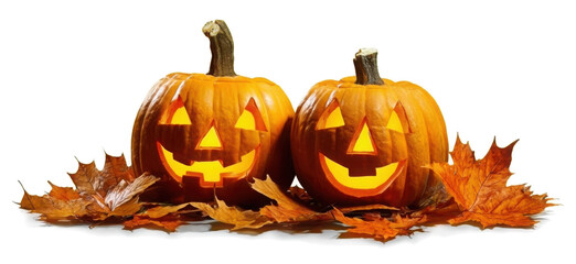 A carved halloween pumpkin with evil eyes and face isolated on white.
