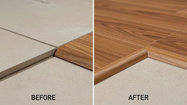 Sidebyside comparison of flooring before and after installation of tiletowood Tmold transition strip showcasing smooth threshold effect.