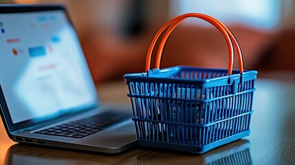 A laptop displaying a website next to a blue shopping basket, suggesting online retail.