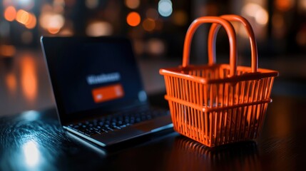 An orange shopping basket sits next to an open laptop displaying a website on a dark surface.